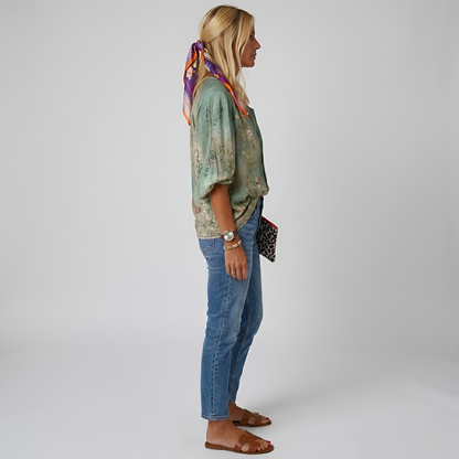 Damen Bluse mit Vintage Botanischem Print Knopfleiste und Bishop Sleeves Hüftlang aus Leichtem Mischgewebe