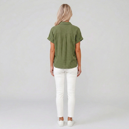 Women's Linen Blouse Short Sleeves with Button Placket Pointed Collar and Chest Pocket Drop Shoulder Cut