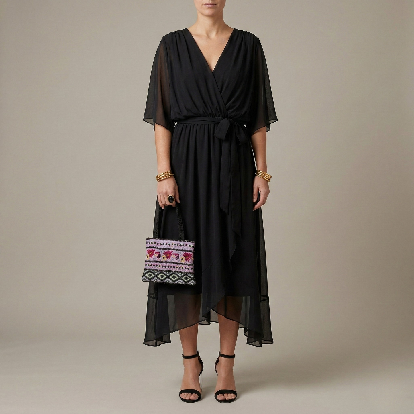 Women's Maxi Dress Chiffon with Wrap Front and Waist Belt Kimono Sleeves High-Low Hem V-Neck