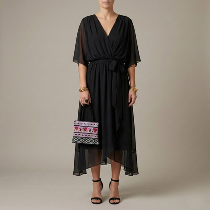 Women's Maxi Dress Chiffon with Wrap Front and Waist Belt Kimono Sleeves High-Low Hem V-Neck