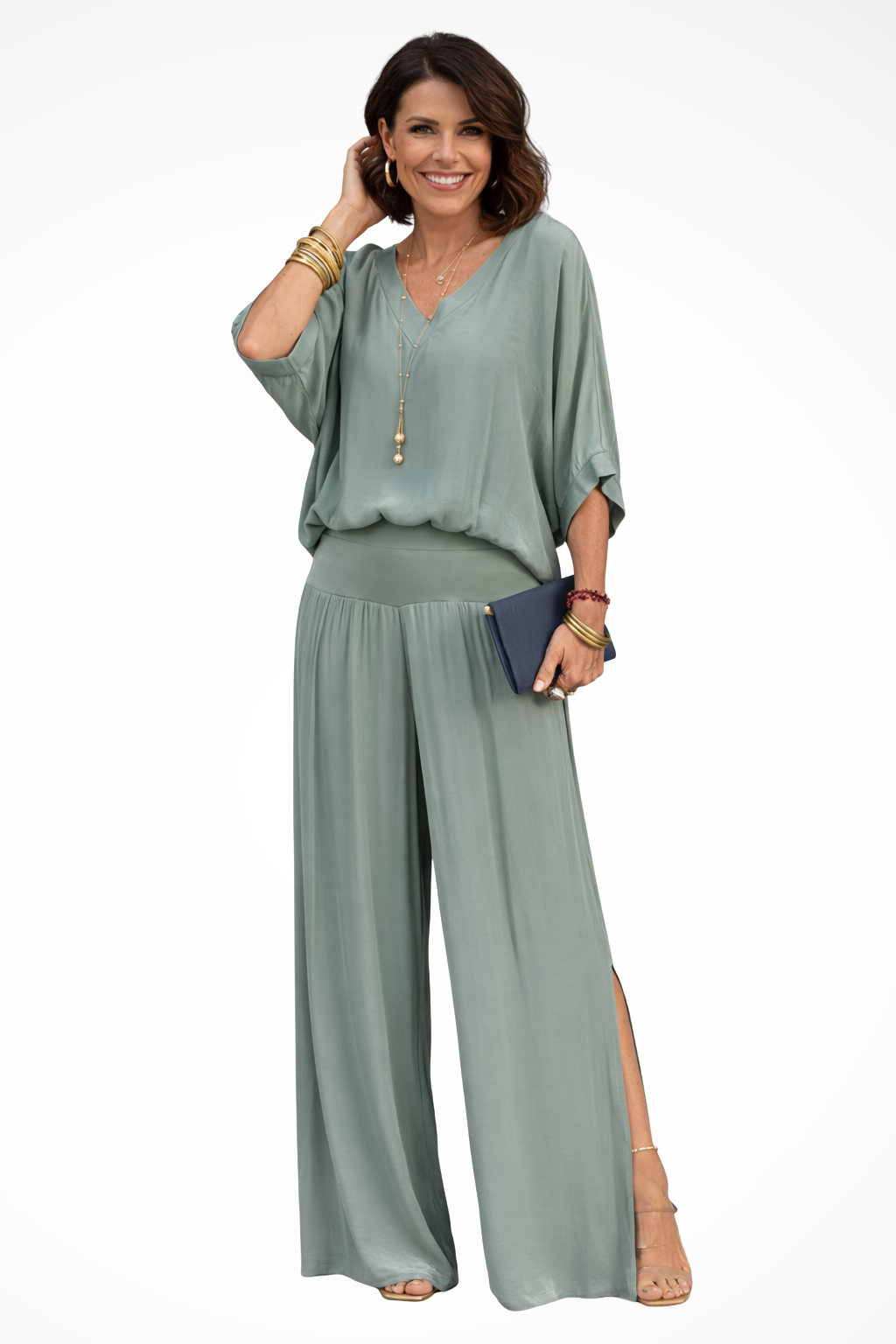 Women's Two-Piece Set with V-Neck and Wide Leg