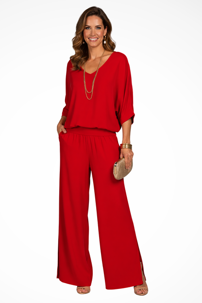 Women's Two-Piece Set with V-Neck and Wide Leg