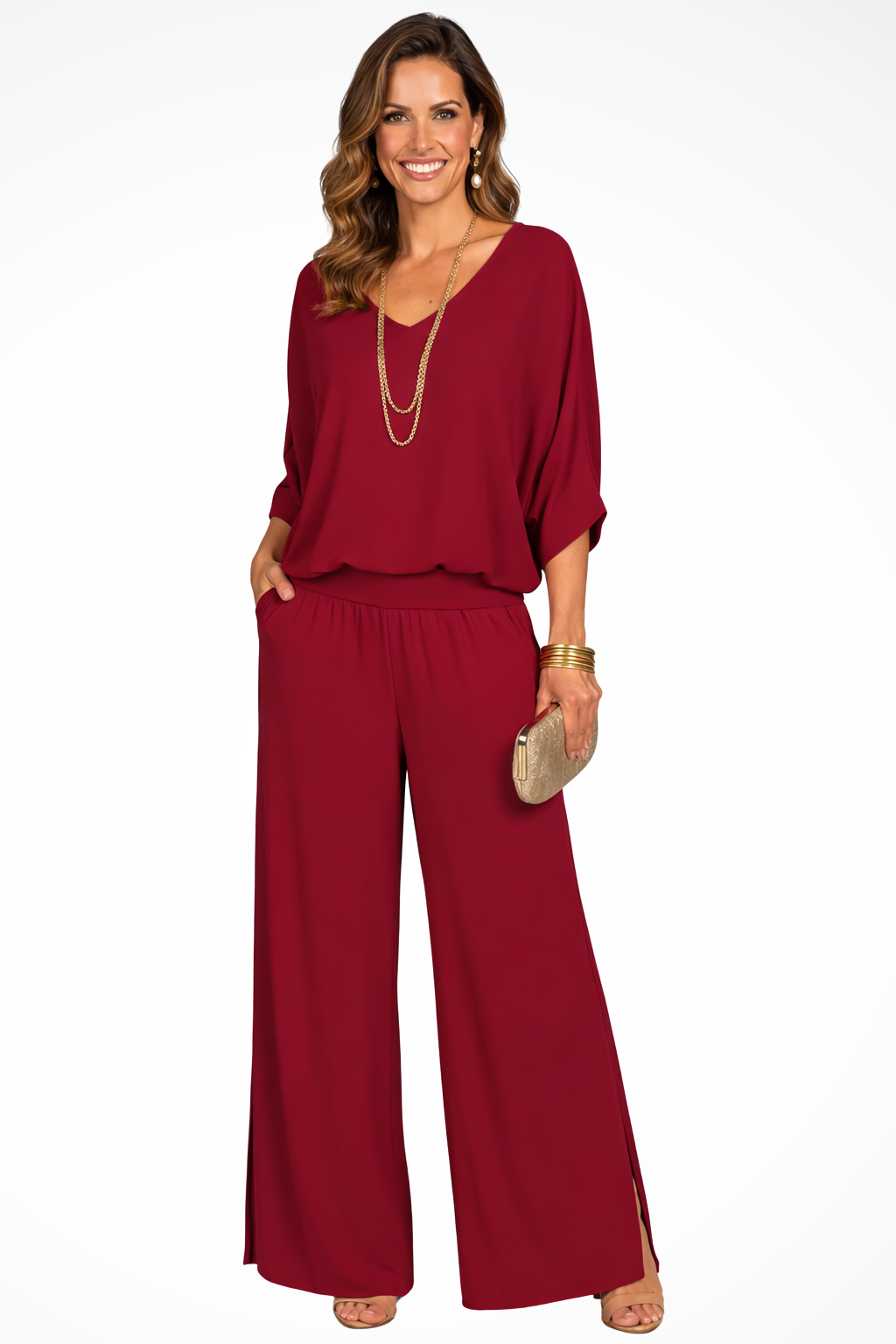 Women's Two-Piece Set with V-Neck and Wide Leg
