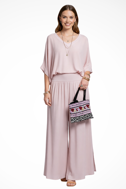 Women's Two-Piece Set with V-Neck and Wide Leg