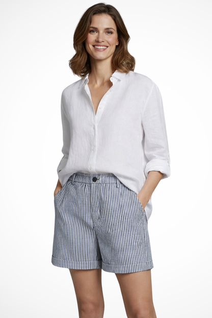 Women's High-Waist Shorts with Stripe Pattern Straight Cut with Pleats and Rolled Hem
