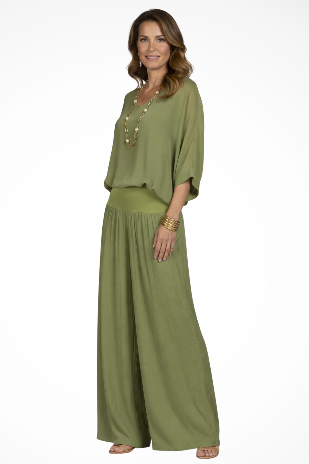 Women's Two-Piece Set with V-Neck and Wide Leg