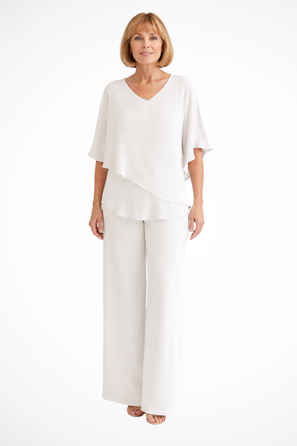 Women's Two-Piece Set with V-Neck and Wide Leg