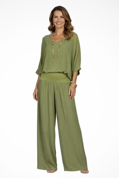 Women's Two-Piece Set with V-Neck and Wide Leg