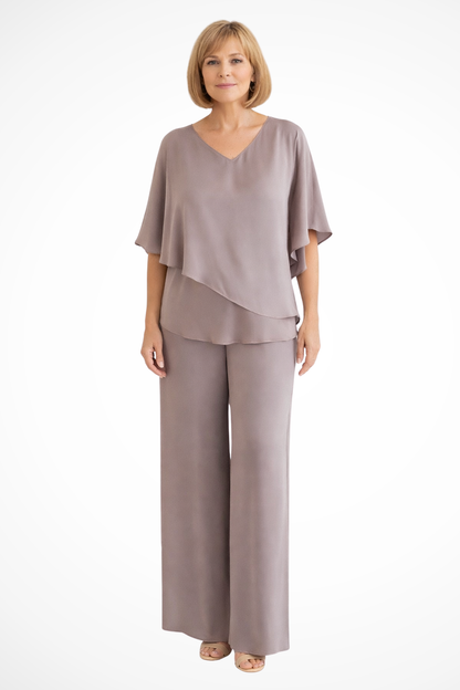 Women's Two-Piece Set with V-Neck and Wide Leg