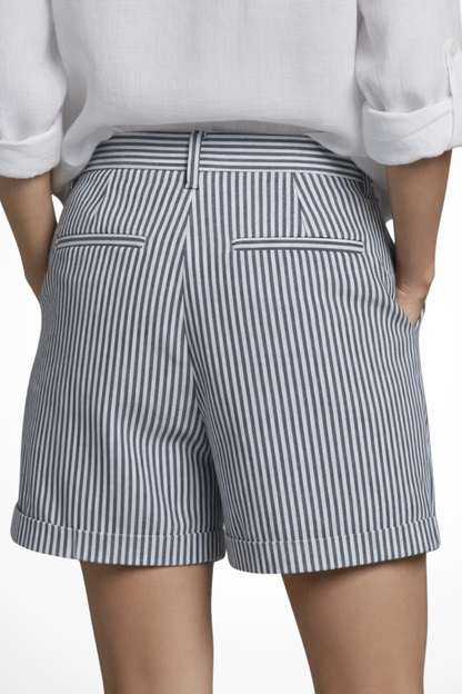 Women's High-Waist Shorts with Stripe Pattern Straight Cut with Pleats and Rolled Hem