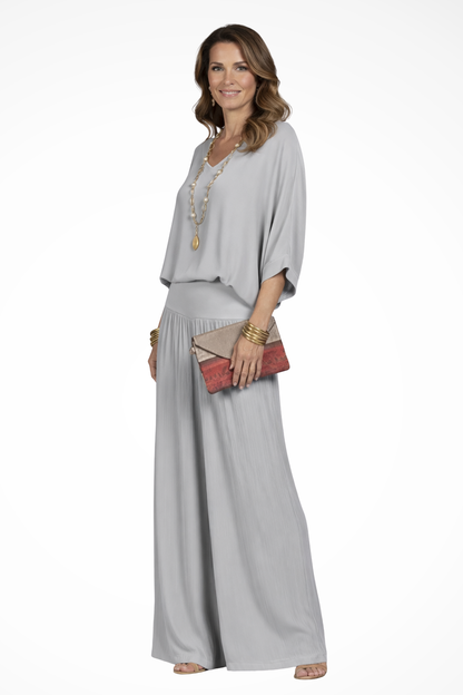 Women's Two-Piece Set with V-Neck and Wide Leg