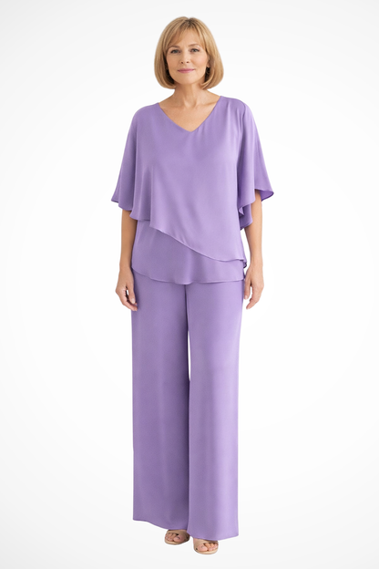 Women's Two-Piece Set with V-Neck and Wide Leg