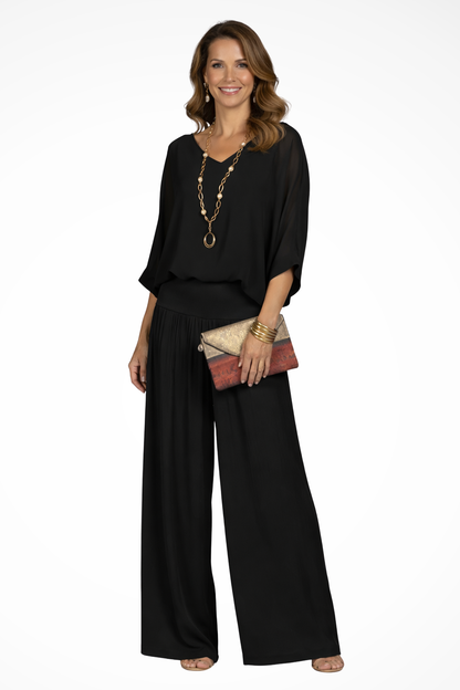 Women's Two-Piece Set with V-Neck and Wide Leg