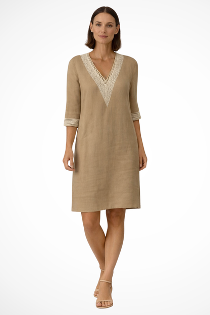 Women's Linen Midi Dress with V-Neck and Crochet Lace 3/4 Sleeves in Loose Tunic Cut