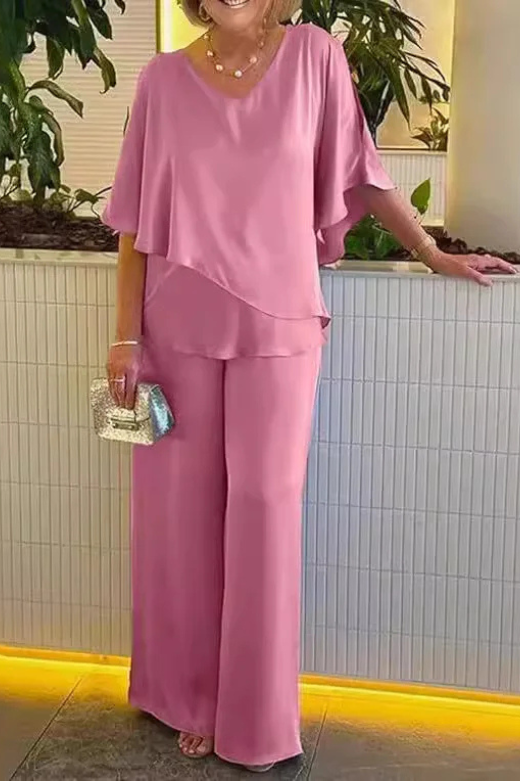 Women's Two-Piece Set with V-Neck and Wide Leg