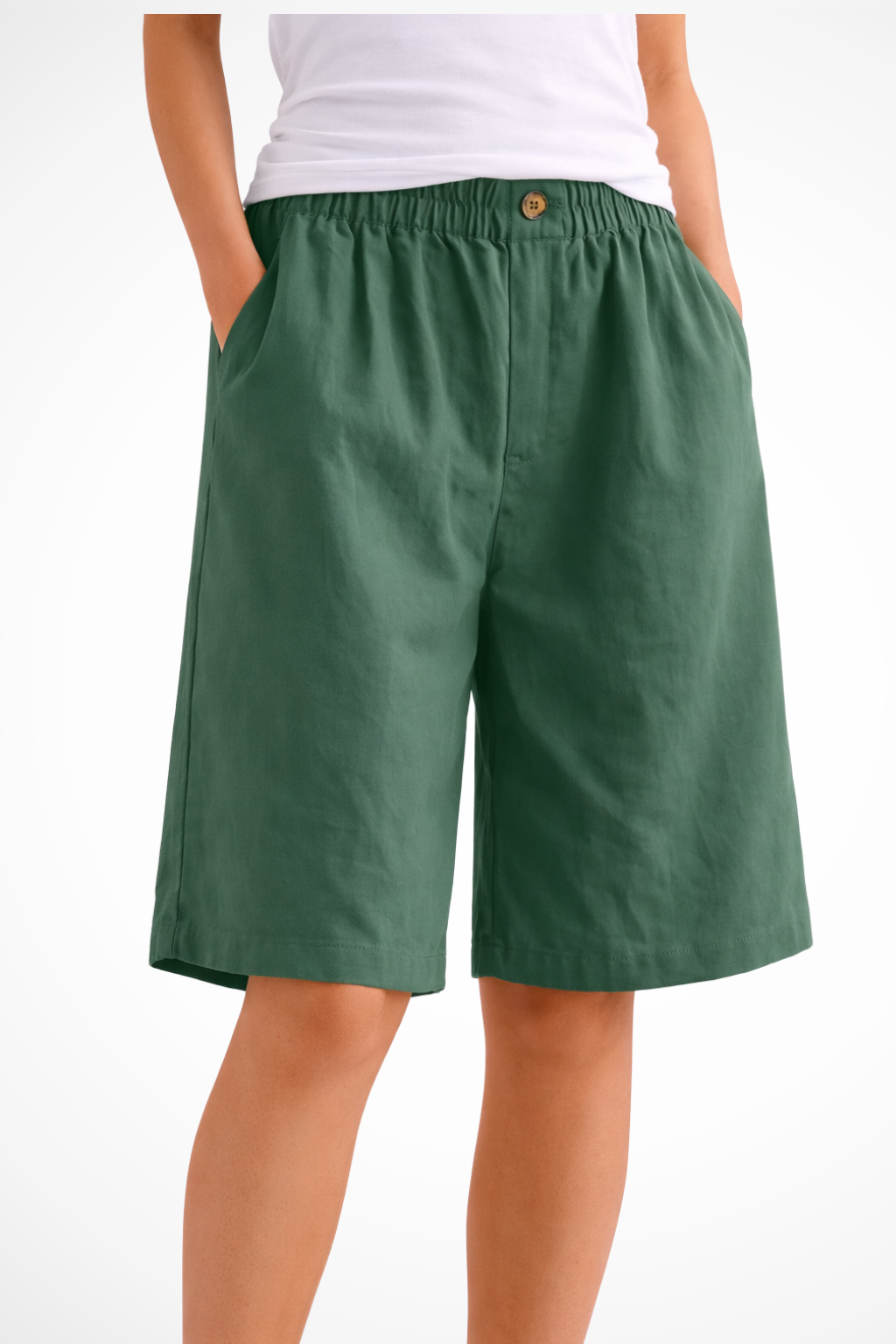 Women's Bermuda Shorts with Elastic Waistband and Side Pockets Wide A-Line Cut in Linen Blend
