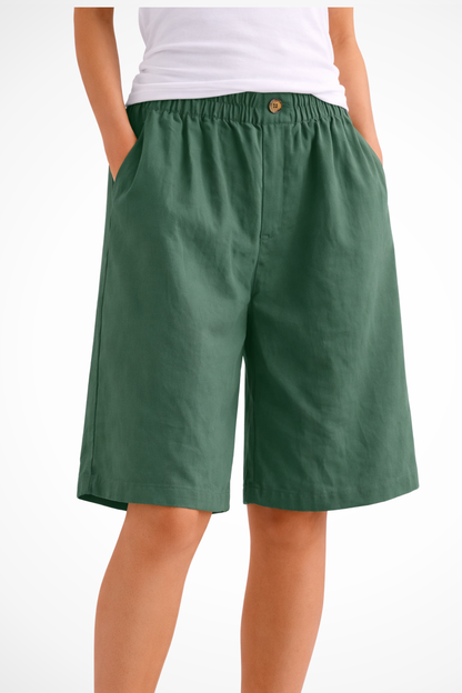 Women's Bermuda Shorts with Elastic Waistband and Side Pockets Wide A-Line Cut in Linen Blend