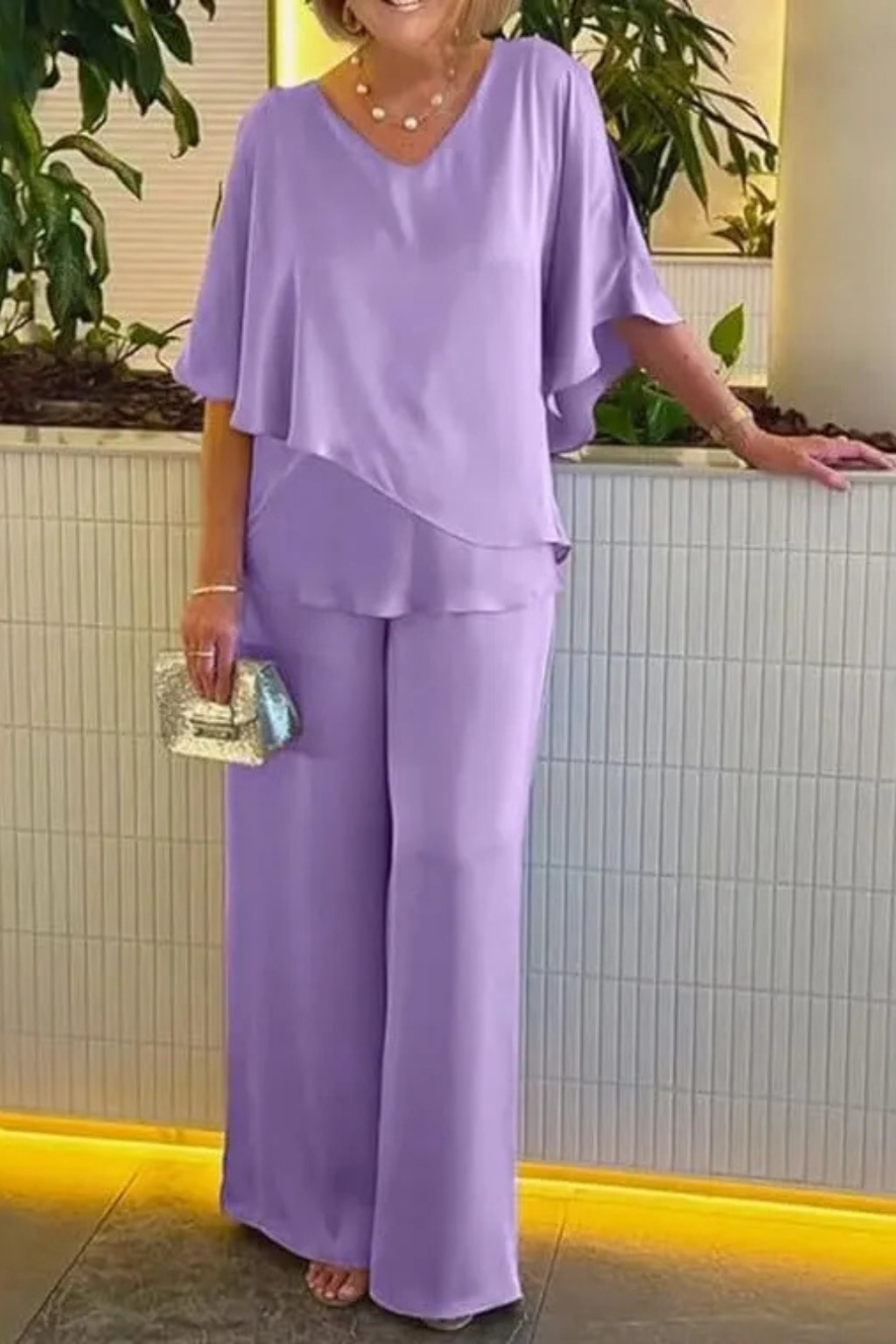 Women's Two-Piece Set with V-Neck and Wide Leg