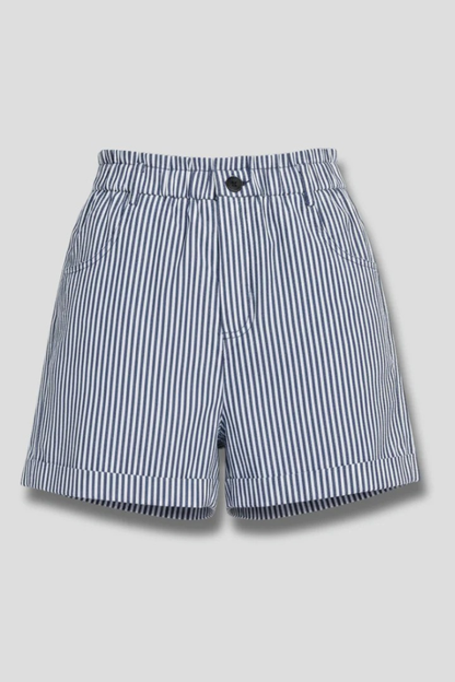 Women's High-Waist Shorts with Stripe Pattern Straight Cut with Pleats and Rolled Hem