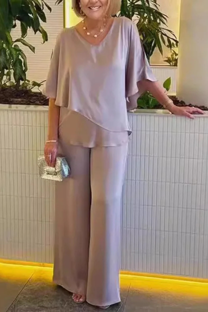 Women's Two-Piece Set with V-Neck and Wide Leg