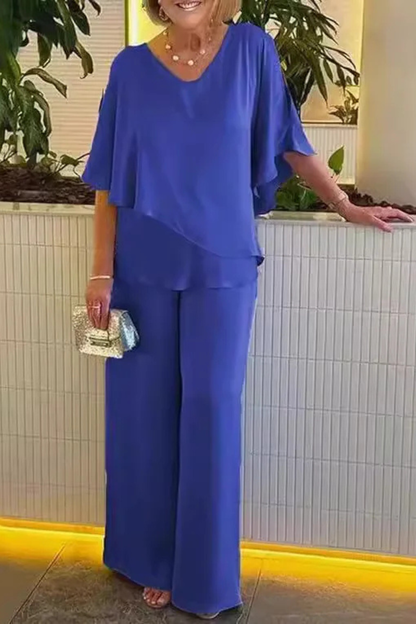 Women's Two-Piece Set with V-Neck and Wide Leg