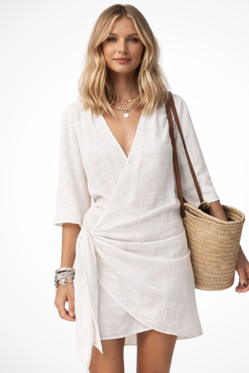 Women's Mini Wrap Dress in Linen with Tie Belt and Kimono Sleeves V-Neck