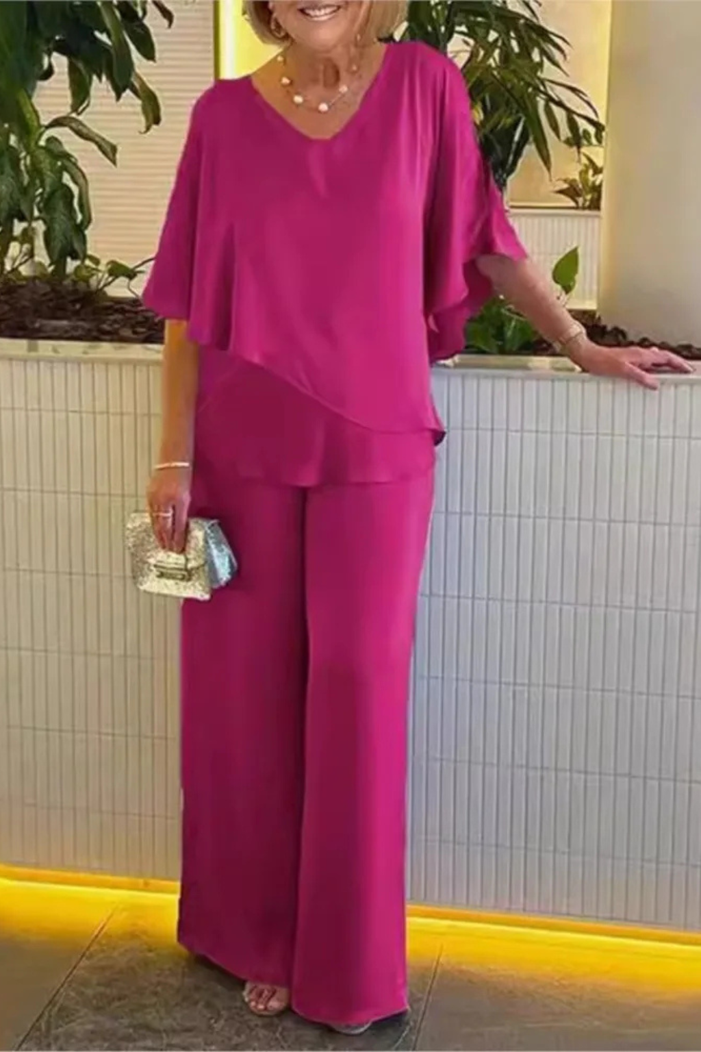 Women's Two-Piece Set with V-Neck and Wide Leg