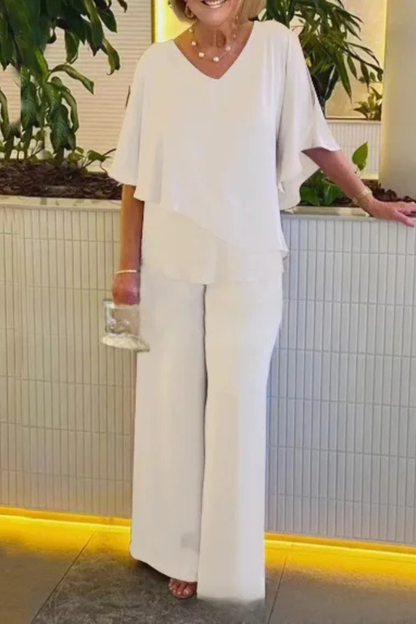 Women's Two-Piece Set with V-Neck and Wide Leg