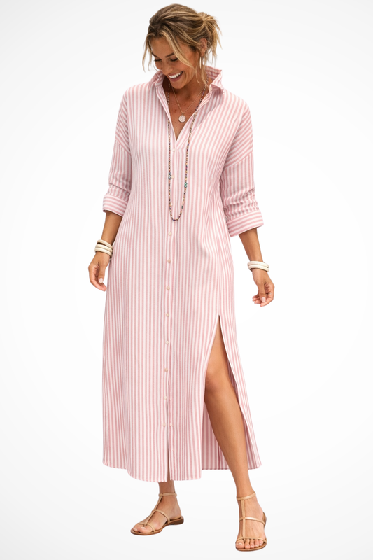 Damen Hemdkleid mit Streifenmuster Knopfleiste und Krempelärmeln aus Leichtem Gewebe mit Seitenschlitzen