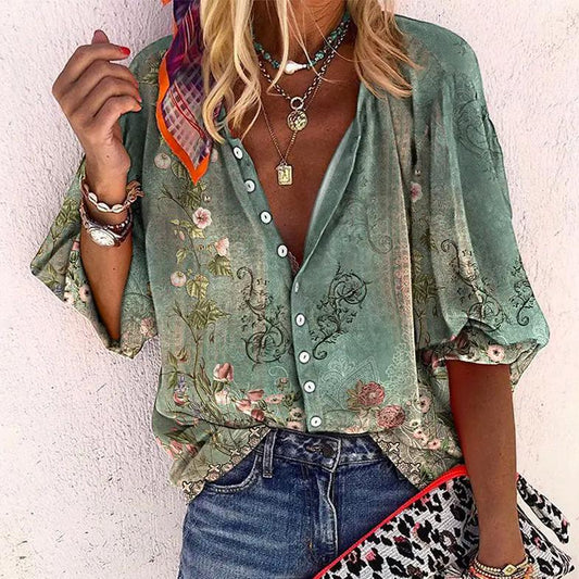 Women's Blouse with Floral Print and Button Placket Wide 3/4 Sleeves V-Neck in Cotton Blend