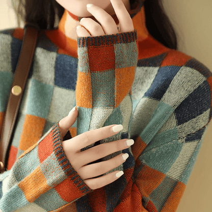 Women's cashmere turtleneck sweater with patchwork knit