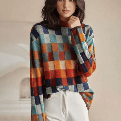 Women's cashmere turtleneck sweater with patchwork knit