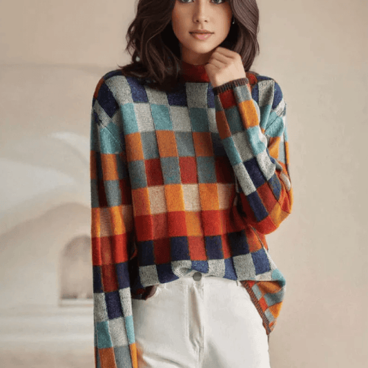 Women's cashmere turtleneck sweater with patchwork knit