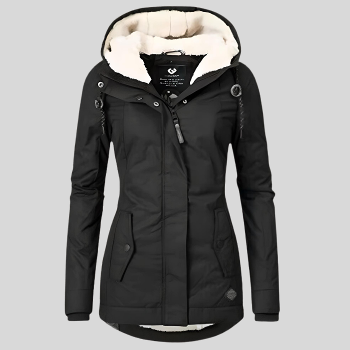 Long women's winter jacket with hood and water-repellent lining