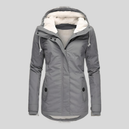 Long women's winter jacket with hood and water-repellent lining