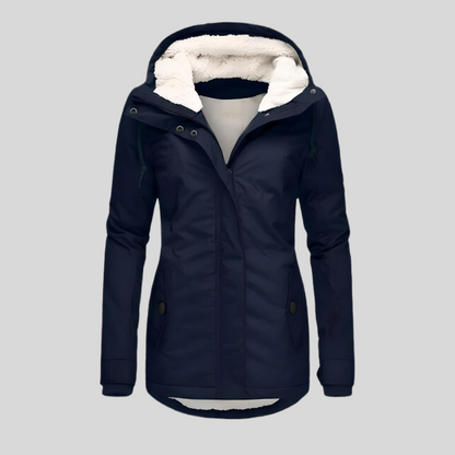 Long women's winter jacket with hood and water-repellent lining