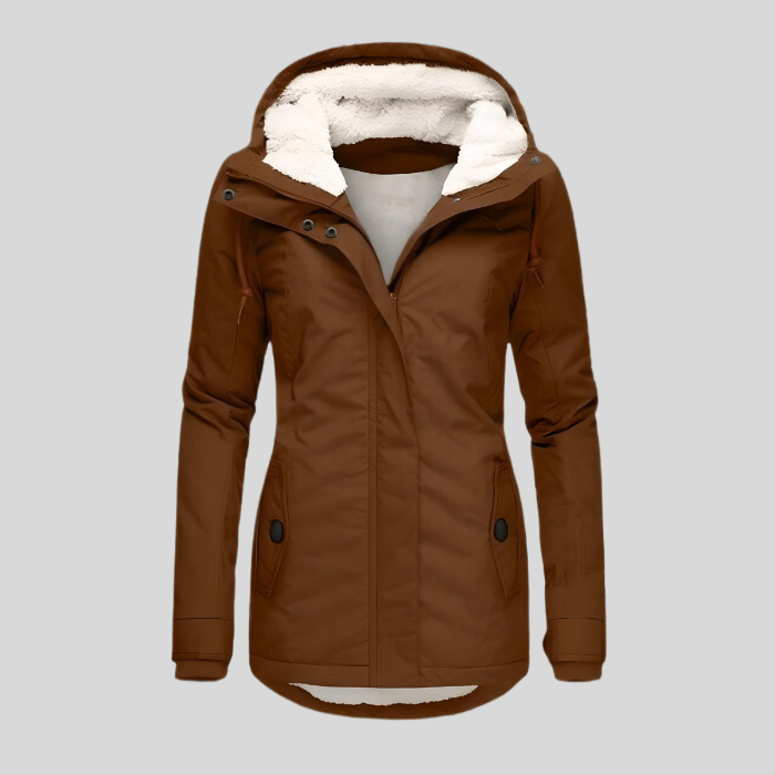 Long women's winter jacket with hood and water-repellent lining