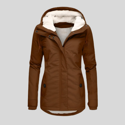 Long women's winter jacket with hood and water-repellent lining