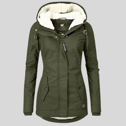 Long women's winter jacket with hood and water-repellent lining