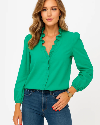 Women's Blouse with Ruffle Front, V-Neck, and Bishop Sleeves, Hip-Length, made of Polyester Crepe