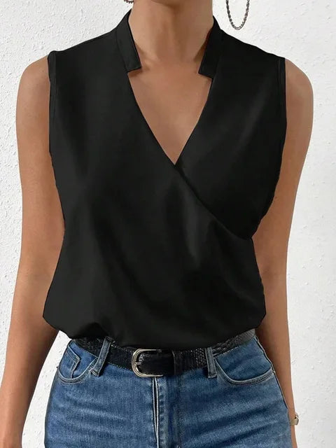 Women's Top Sleeveless with Wrap Front V-Neck and Stand Collar Cotton Blend Hip Length
