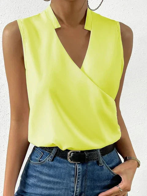 Women's Top Sleeveless with Wrap Front V-Neck and Stand Collar Cotton Blend Hip Length