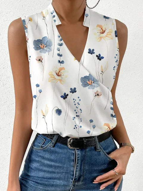 Women's Top Sleeveless with Wrap Front V-Neck and Stand Collar Cotton Blend Hip Length