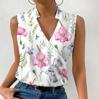 Women's Top Sleeveless with Wrap Front V-Neck and Stand Collar Cotton Blend Hip Length
