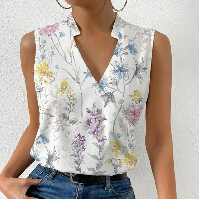 Women's Top Sleeveless with Wrap Front V-Neck and Stand Collar Cotton Blend Hip Length