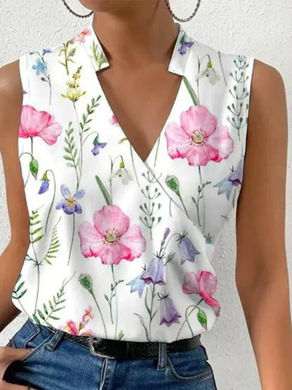 Women's Top Sleeveless with Wrap Front V-Neck and Stand Collar Cotton Blend Hip Length