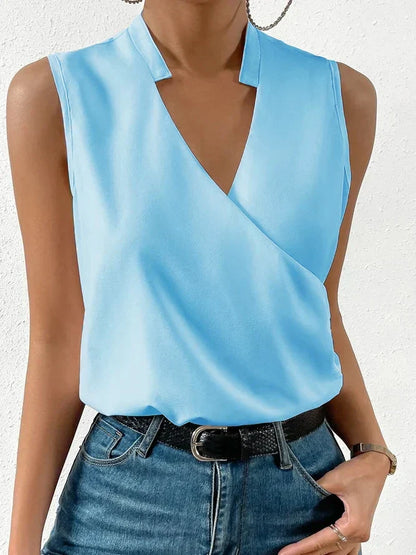 Women's Top Sleeveless with Wrap Front V-Neck and Stand Collar Cotton Blend Hip Length
