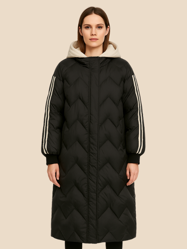Long quilted women's coat with hood