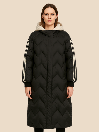 Long quilted women's coat with hood