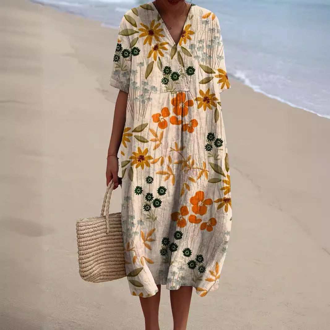 Women's Midi Dress with Watercolor Floral Print, V-Neck, and Cocoon Cut, made of Lightweight Linen Blend